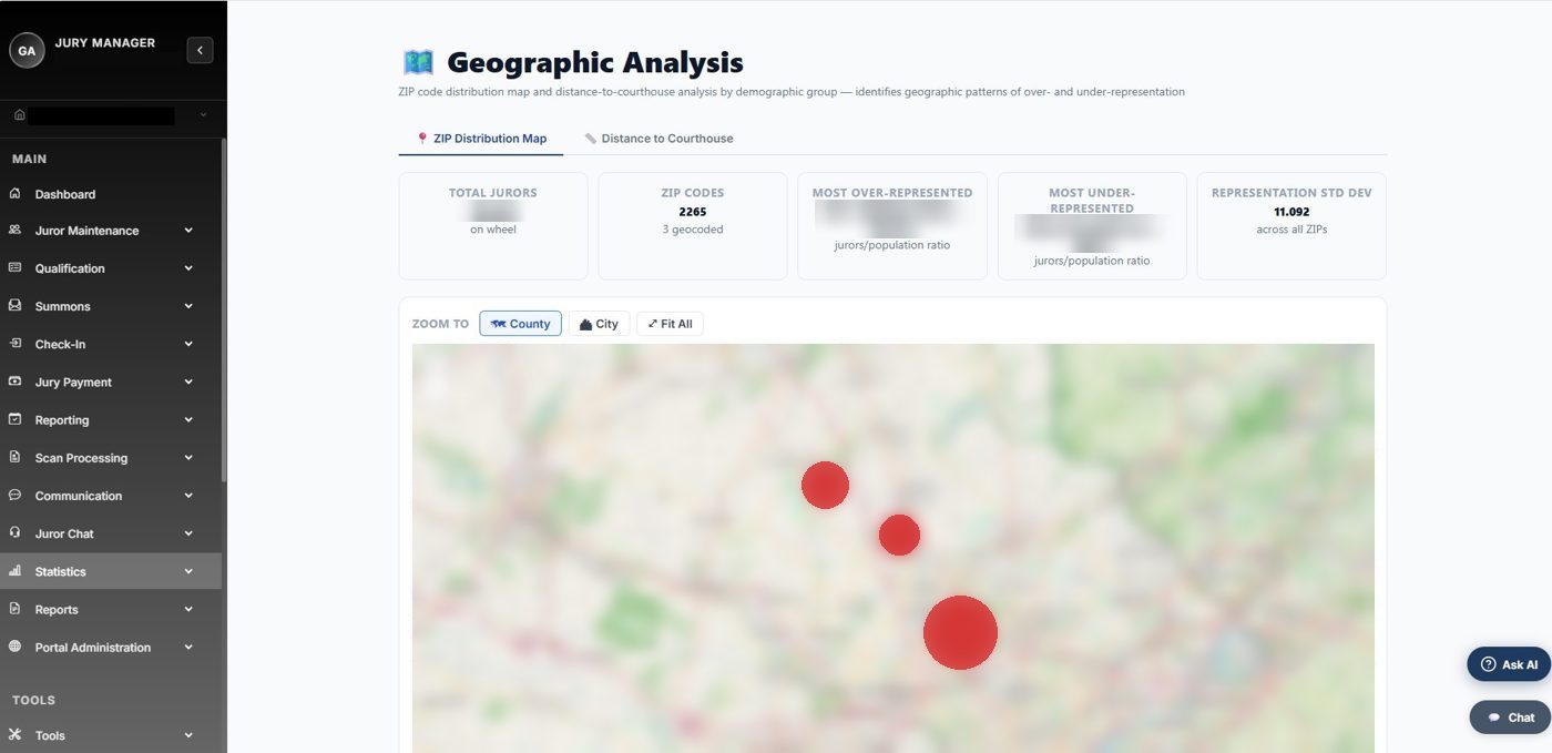 Geographic Analysis Report EmpanelJMS Geographic Analysis report showing juror distribution by ZIP code, with over- and under-represented areas highlighted on the map